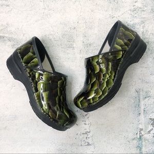 DANSKO • Green Shiny Snakeskin Printed Clogs